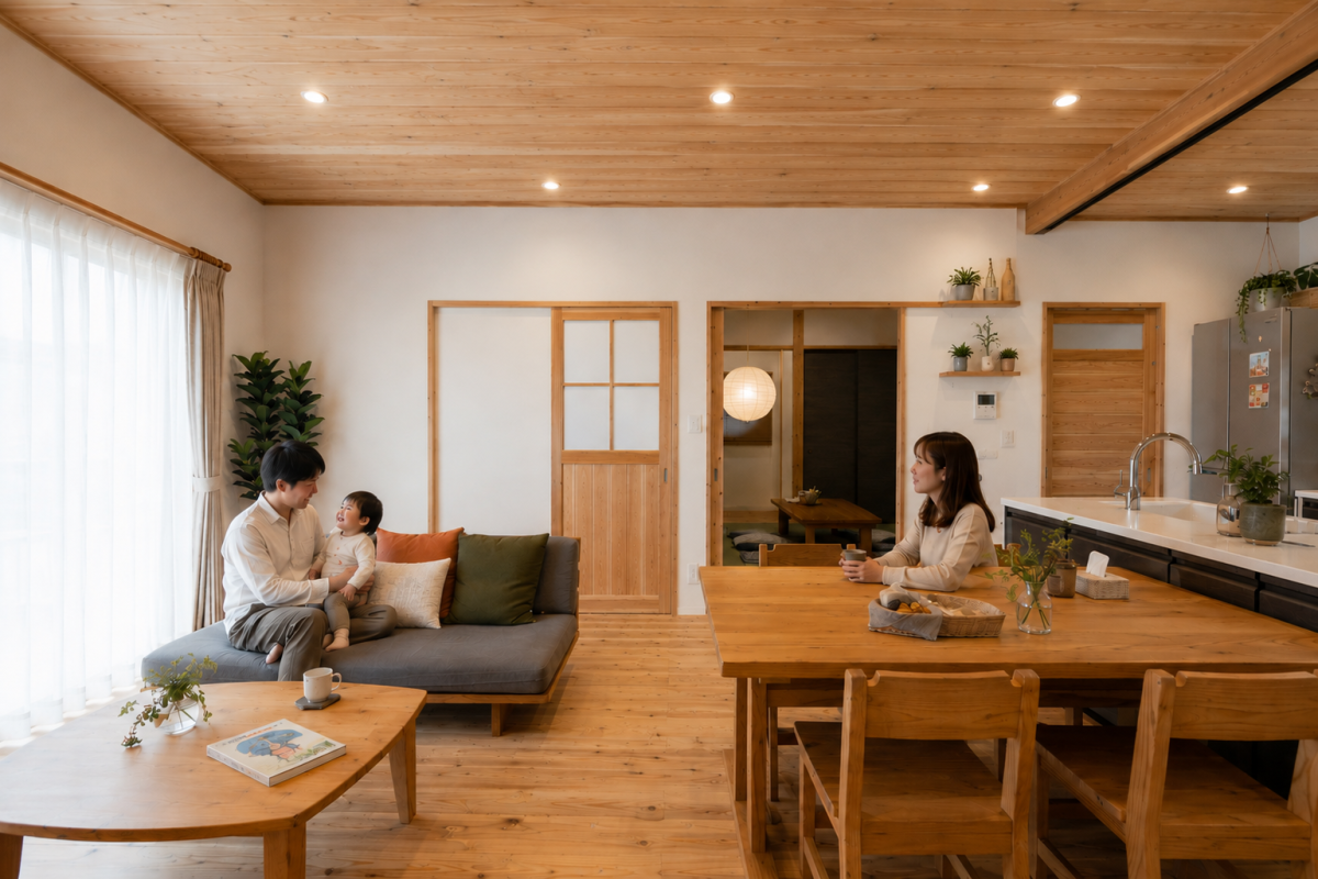 自然の中にいるような、木を感じられる平屋